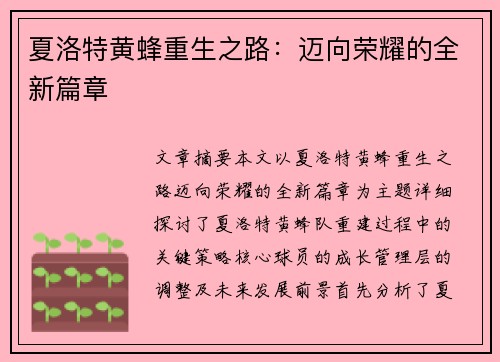 夏洛特黄蜂重生之路：迈向荣耀的全新篇章